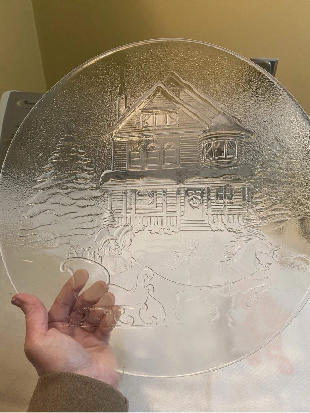 Embossed Clear Glass Holiday Charger with Winter House Scene